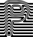 Liquified letter P, 3d striped sign, optical illusion font for opart style logo and monogram. Vector typographic design