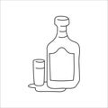 Liquor bottle and glass outline icon on white background. Black white cartoon sketch graphic design. Doodle style. Hand drawn Royalty Free Stock Photo