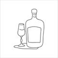 Liquor bottle and glass outline icon on white background. Black white cartoon sketch graphic design. Doodle style. Hand drawn Royalty Free Stock Photo