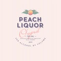 Liquor Label with Ripe Peach and Letters. Fruit with leaves in a circle. Royalty Free Stock Photo