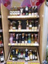 Liquor shelf in supermarket chains. Alcohol sales area. Alcohol shelf or alcohol section.