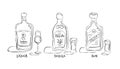 Liquor, tequila, rum. Bottle and glass in hand drawn style. Restaurant illustration for celebration design. Retro sketch. Line art