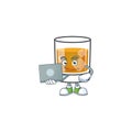Liquor whiskey in the cartoon character with bring laptop.
