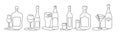 Liquor wine beer vodka rum martini bottle and glass outline icon on white background. Black white cartoon sketch graphic design. Royalty Free Stock Photo
