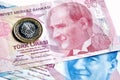 1 Lira on 10 TL Turkish banknotes Royalty Free Stock Photo
