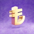 Lira icon. Gold glossy Lira symbol isolated on violet velvet background.