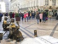 Lisboa, Portugal: Living sculptures on the main street among tourists Royalty Free Stock Photo