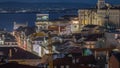Lisbon from above night timelapse: view of Baixa district with Santa Justa Lift and Convento da Ordem do Carmo church Royalty Free Stock Photo