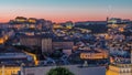 Lisbon aerial cityscape skyline night to day timelapse from viewpoint of St. Peter of Alcantara, Portugal Royalty Free Stock Photo