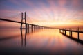 Lisbon bridge - Vasco da Gama at sunrise, Portugal Royalty Free Stock Photo