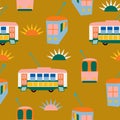 Lisbon buses and sun in a seamless pattern design