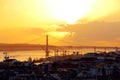 Lisbon city center and 25 de Abril Bridge at sunset. Portugal Royalty Free Stock Photo