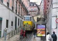 Cablecar Rides Down Steep Hill in Lisbon