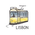 Lisbon city landmark famous vintage yellow tram #28, the oldest european public transport of the Old Town, Lisbon, Portugal. Retro Royalty Free Stock Photo