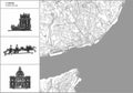 Lisbon city map with hand-drawn architecture icons