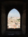 Lisbon City View Through Arched Window