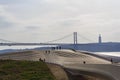 Lisbon cityscape with bridge under river and Christ the King