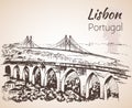 Lisbon cityscape with bridges - hand drawn sketch. Royalty Free Stock Photo