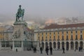 A rainy and foggy day at the Commerce Square in Lisbon, Portugal