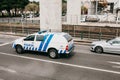 Lisbon, June 18, 2018: A police car is driving down the city street. Protection of public order