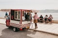 Lisbon, June 18, 2018: Sale of wine on the street of the city on the waterfront in the Belem area. Street trading. Local