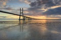 Lisbon landmark. Vasco da Gama Bridge landscape at sunrise