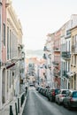 Lisbon, may 1, 2018: an Ordinary city street with residential buildings. Normal life in Europe. Car parking Royalty Free Stock Photo
