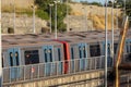 Lisbon metro train waiting at the station platform Royalty Free Stock Photo