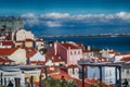 LISBON - NOVEMBER 1, 2018: New drone Dji Mavic Pro 2 with Hasselblad camera flies above city homes. Dji is a leader in drone tech Royalty Free Stock Photo