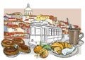 Lisbon panoramic cityscape and cafeteria set Royalty Free Stock Photo