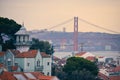 Lisbon panoramic view. Colorful walls of the buildings of Lisbon, with orange roofs and the 25th of April bridge in the background Royalty Free Stock Photo