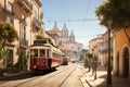 Lisbon, Portugal. AI generative image with medieval city, Americanos tram, famous lusitan capital symbol