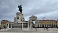 LISBON, PORTUGAL - APRIL 22, 2022: Commerce Square panorama with statue of of King Jose I in Lisbon.