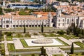 Aerial sunny view of Praca do Imperio in Lisbon, with Museu de Marinha in the back