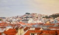 Lisbon Portugal - Beautiful panoramic view of the red roofs of houses in antique historical district Alfama and the Tagus River Royalty Free Stock Photo