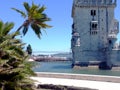 Lisbon, Portugal, Belem tower or Torre de Belem with green palm trees Royalty Free Stock Photo