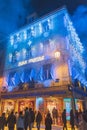 Lisbon, Portugal - 12/26/18: Blue colored fog and smoke in downtown Rossio