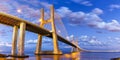 Lisbon Portugal bridge Ponte Vasco da Gama over Tejo river town travel panorama Royalty Free Stock Photo