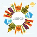 Lisbon Portugal City Skyline with Color Buildings, Blue Sky and