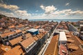 Lisbon, Portugal city skyline over Santa Justa Rua. Royalty Free Stock Photo