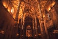 Darkness of Santa Maria de Belem Church with carved columns and decorations in Gothic style Royalty Free Stock Photo