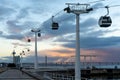 View of the Telecabine Lisboa cable car gondolas at the World Expo grounds in Lisbon at sunset