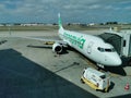 Exterior view of the runway and lift and maintenance of aircraft at Lisbon airport with Transavia airplane, cargo working