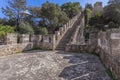 Lisbon, Portugal - Castelo de Sao Jorge aka Saint George Castle. Staircase on the Defensive walls with view of t Royalty Free Stock Photo