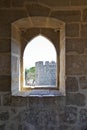 Lisbon, Portugal. Gothic window on the inside of a tower of the Castelo de Sao Jorge Royalty Free Stock Photo