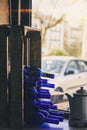 Lisbon, Portugal - February, 2018. Photo of retro objects in the lounge of a cafe in the suburbs of Lisbon. Vintage blue wine bott