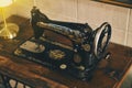 Lisbon, Portugal - February, 2018. Photo of retro objects in the lounge of a cafe in the suburbs of Lisbon. Vintage sewing hand-he