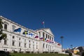 The facade of the Assembleia da Republica Portuguese Parliament, with the european union countries flags raised in order to sign Royalty Free Stock Photo