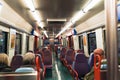 Seating inside the intercity suburban commuter train going to Sintra from Lisbon, Portugal