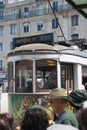 LISBON, PORTUGAL - July 23, 2011: Traditional yellow trams on a street in Lisbon